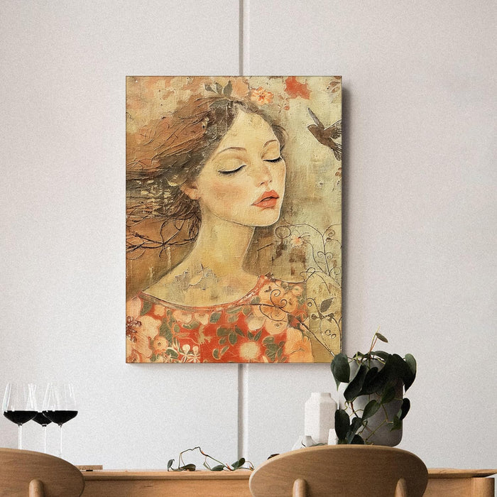 Abstract Dreamlike Art of Women and Nature in Orange, Red, and Brown | Digital Painting On Canvas Stretched on Wood (16x22 Inch)
