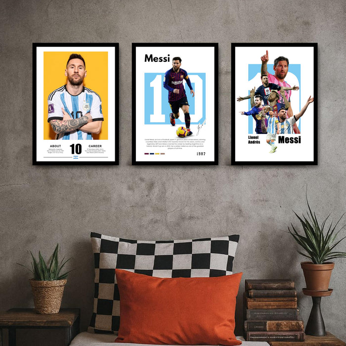 Lionel Messi Soccer Player Sports Painting With Frame for living room, Football Player Framed Wall Art Painting for Home Decor Set of 3, Size 13.6 by 17.9 Inch
