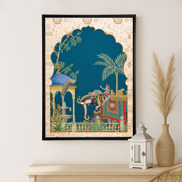 Mughal Elephant Framed Canvas Painting for Living Room Wall Decor, Arched Jharokha Mughal Garden Indian Art Framed Canvas Wall Art for Bedroom Wall Decoration Home Hallways Office Hotel, Size 43x58 cm