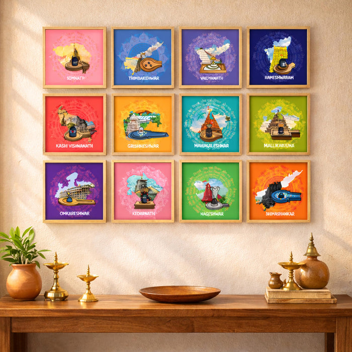 12 Jyotirlinga Wall Art Painting For Living Room | Lord Shiva Sacred Temples Framed Wall Art Paintings | Spiritual Home Decor Frames for Pooja Room, Office | Religious Gift Set (Set of 12), 9x9 Inch