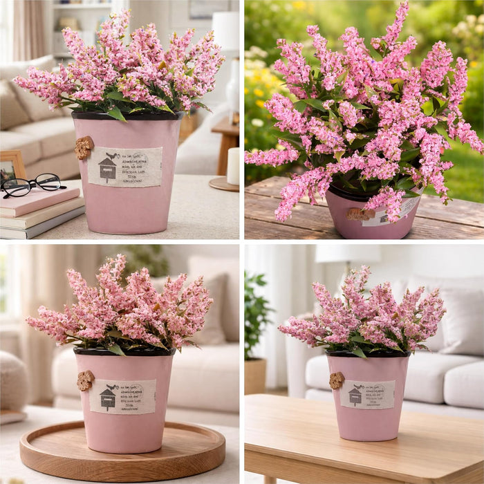 Ceramic Flower Pot with Artificial Pink Flowers | Decorative Tabletop Planter