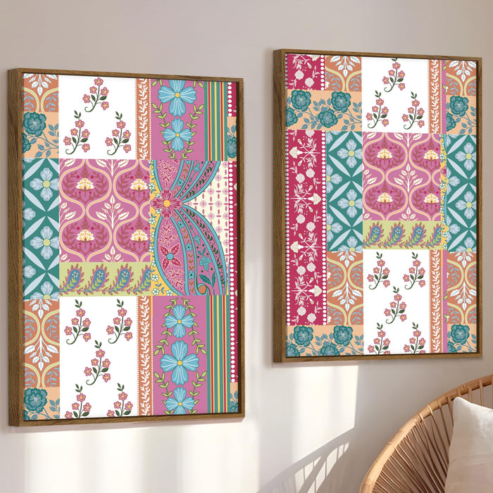Mughal Flower Pattern Canvas Painting Indian Large Wall Art Painting for Living Room Decoration, Stylish Large Wall Art Print for Wall Decor (Set of 2, 58x89 cm)