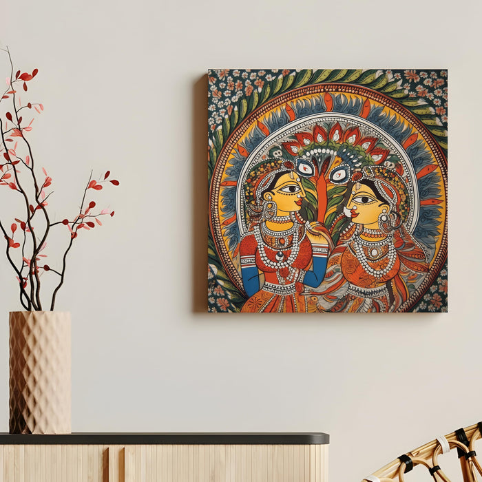 Madhubani Two Women Painting for Wall Decoration | Flower Canvas Wall Painting for Living Room, Bedroom, Home and Office Wall Decor (41x41 Cm)