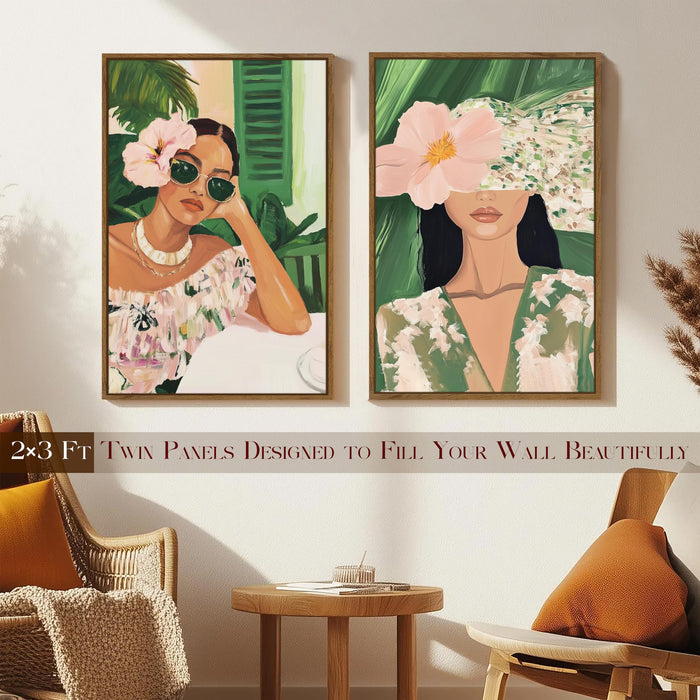 Boho Women Portrait Green and Pink Canvas Painting Bohemian Large Wall Art Painting for Living Room Decoration, Stylish Large Wall Art Print for Wall Decor (Set of 2, 58x89 cm)