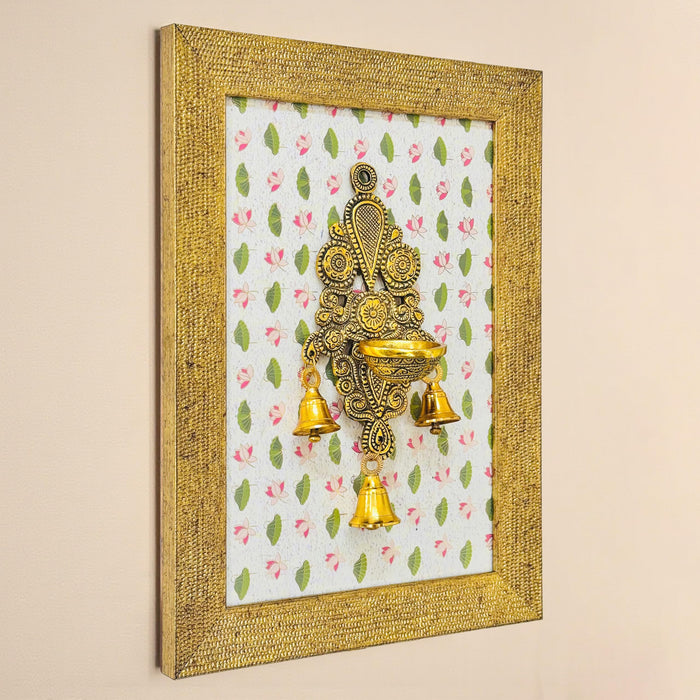 Art Street Brass Framed Wall Hanging Diya Decorative Metal Oil Lamp with Ganesha Diya Frame Inspired Traditional Indian Home Decor Pooja Room Golden Frame with Metal and Bells 21x26 cm