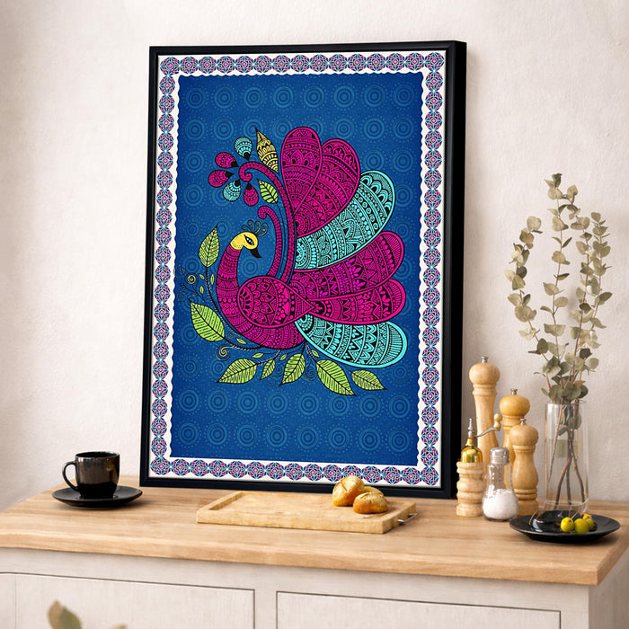 Gond Peacock Framed Canvas Painting for Living Room Wall Decor, Vastu Kalamkari Peacock Floral Framed Canvas Wall Art for Vastu Place Bedroom Home Hallways Office Hotel, Size 43x58 cm