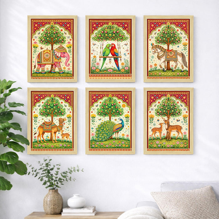 Indian Madhubani Painting With Frame for living room, Folk Style Garden Framed Wall Art Painting for Home Decor Set of 6, Size 9.5 by 12.5 Inch