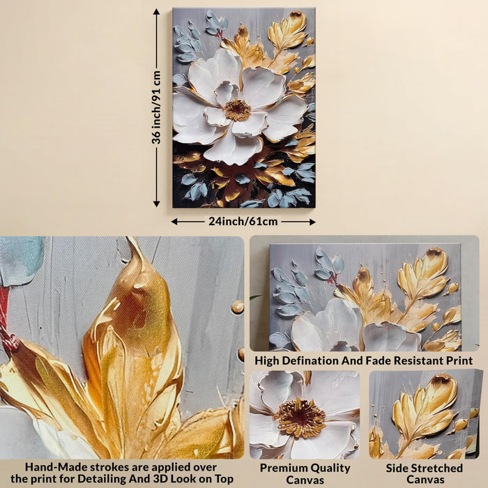 Stretched Canvas Abstract White Flower Canvas Painting 3D Textured Gold Floral Painting Abstract Paintings for Bedroom Office Wall Décor Hand Painted Art 61x91 cm