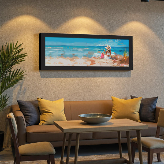 Girl Enjoying on Beach Summer Vacation Wall Art Framed Luxury Paintings for Home Decoration, Living room, Bedroom and Office Decoration (99x38 CM)