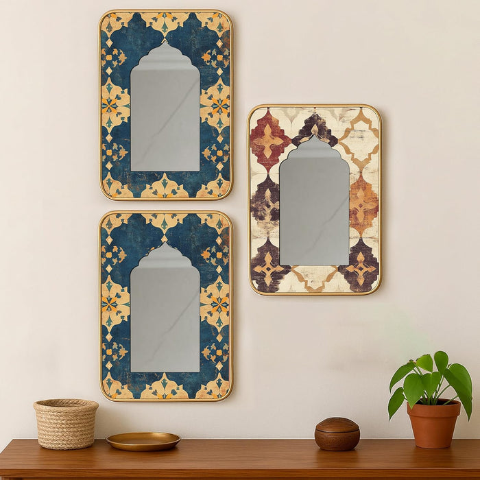 Decorative Jharokha Acrylic Mirror Set of 3 Abstract Flowers Printed Gold Metal Finish Décor Mirror (8.2x12.2 Inches)