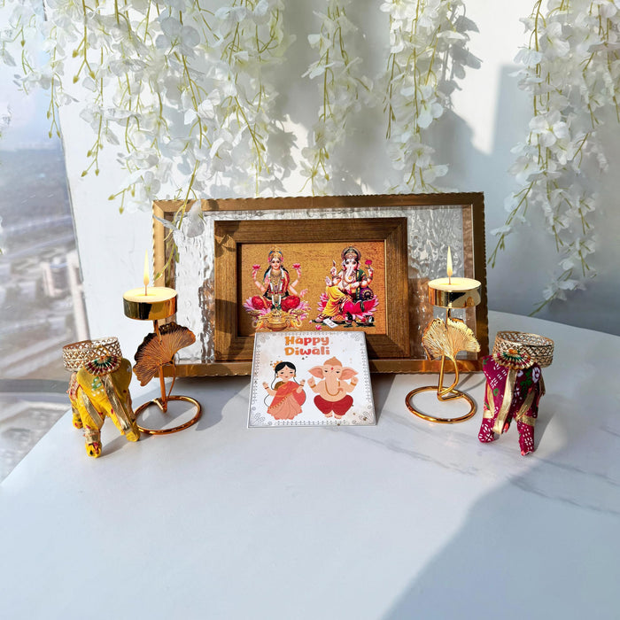 Diwali Gift Hamper Combo Set, Handmade Decorative Serving Tray, One Laxmi & Ganesh Table Photo Frame, Two Tealight with Elephant Diya & Greeting Card for Pooja Decor (Gold, 11x6 Inch Tray)