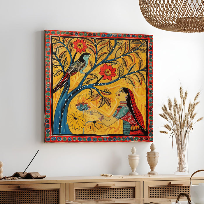 PAINTINGMANTRA Madhubani Birds and Women Painting for Wall Decoration | Flower Canvas Wall Painting for Living Room, Bedroom, Home and Office Wall Decor (41x41 Cm)