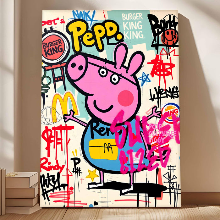PAINTINGMANTRA Cartoon Pig Graffiti Stretched Canvas Painting Print | Pop Art Street Style Wall Décor | Modern Abstract Canvas Art for Home & Office, 56x86 cm
