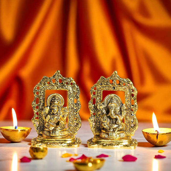 Antique Metal Lakshmi and Ganesha Brass Finished Idol Set for Pooja Room, Deepawali Decoration for Home, Lakshmi Ganesh Idol for Diwali, Brass Finished Idols for Home Décor 8.9x13.7 cm