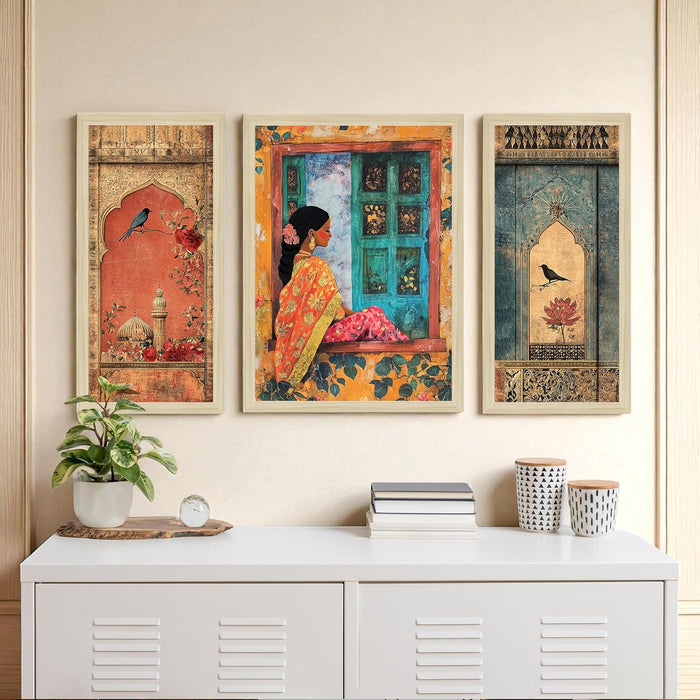 Botanicals Pichwai Framed Wall Art Painting Home Décor Pack Of 3 | Digital Scenery Painting with Frame, Set Of 3 22x46 cm, 33x44 cm