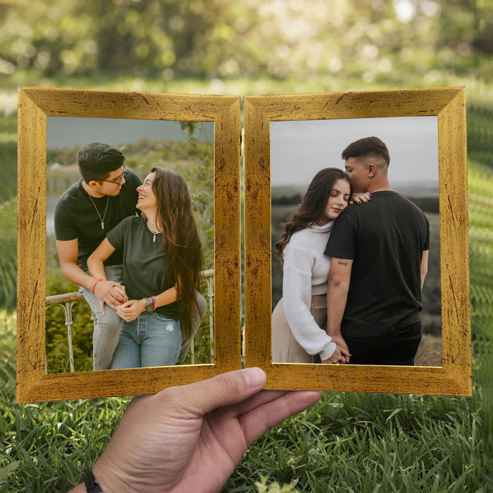 Art Street Folding Table Stand Valentine Couple Golden 5x7 Inch Photo Frame For Home Décor | Foldable Photo Frame with Acrylic Plexiglass | For Bedroom, Hallways, Office, Living Room (13x18 CM)