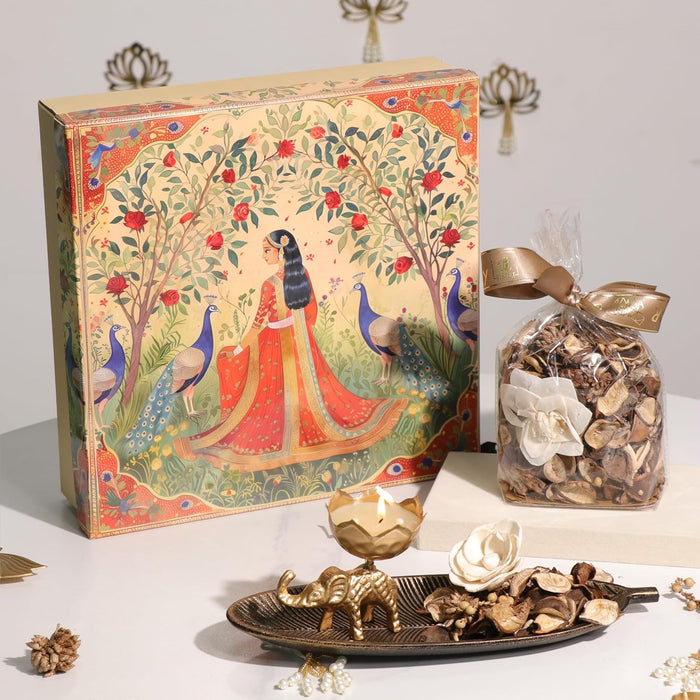 Diwali Gift Hamper Box with Mogra Scent Potpourri, Elephant Shape Candle and Tray, Friends and Relatives (Pack of 4)