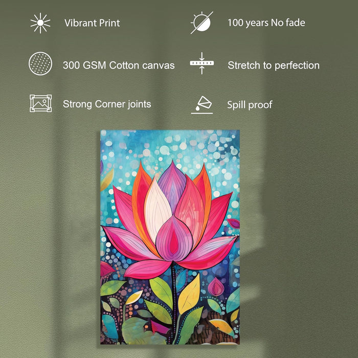 Abstract Multicolor Folk Art of Lotus Floral Stretched Canvas Painting with Frame – Wall Art – Framed Canvas Wall Décor (23x35 Inch)