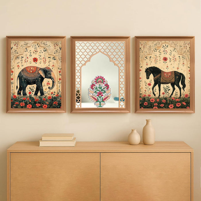 Framed Floral Wall Art with Decorative Mirror Wall Decor Items with Jali Jharoka Mirror | A3 Elephant and Horse Vastu Painting Set Framed Prints 35x45 cm