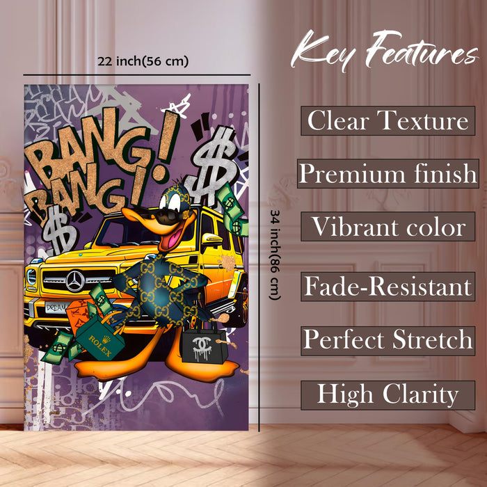 Luxury Street Pop Art Duck Wall Painting | Money & Success Graffiti Style Stretched Canvas Art Print| Modern Wall Décor for Home & Office, 56x86 cm