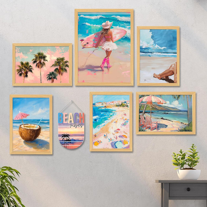 Set of 7 Summer Beach Theme Gallery Framed Wall Art Print, Coastal Cowgirl Vintage Wall Posters (Size: 1 MDF, 9.3x12.7 & 12.7x17.5 Inch)