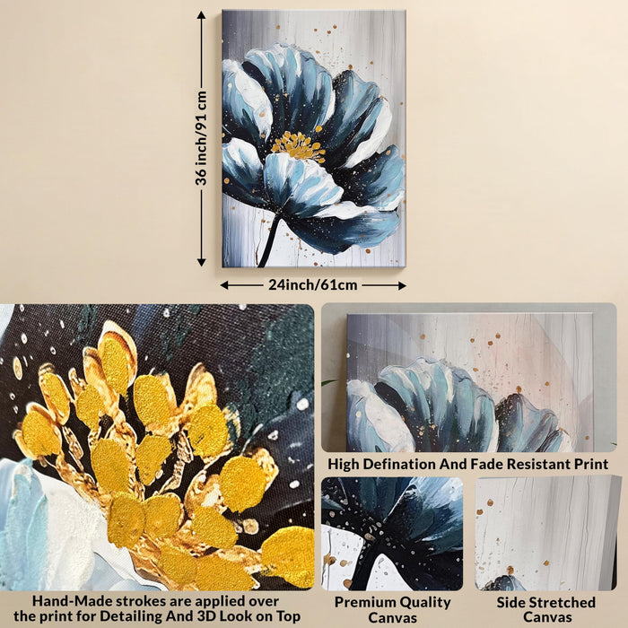 Wall Art Abstract Flower Stretched Canvas Painting Blue and Gold Floral Painting Abstract Paintings for Bedroom Office Wall Décor Hand Painted Canvas Art 3D Textured Floral 61x91 cm