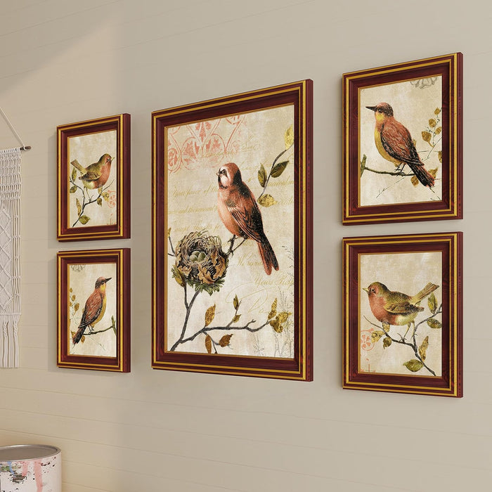 Art Street Jarden Bird On Tree Branch With Nest Framed Art Print For Living Room, Decorative Home & Wall Decor - Set Of 5 (Brown, 4 Pcs-5x7 Inch, & 12x16 Inch)