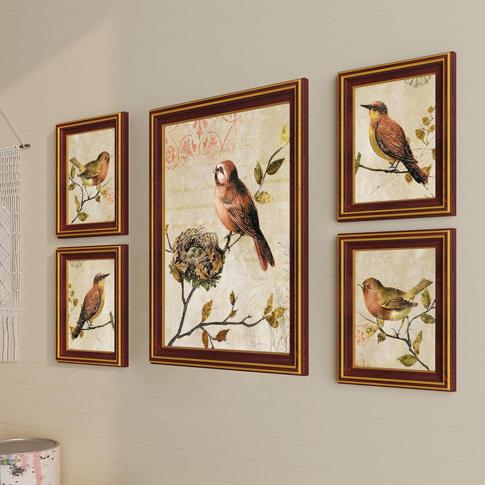 Art Street Bird On Branch Framed Art Print For Living Room, Decorative Home & Wall Decor - Set Of 5 (Brown, 4 Pcs-5x7 Inch, & 12x16 Inch)