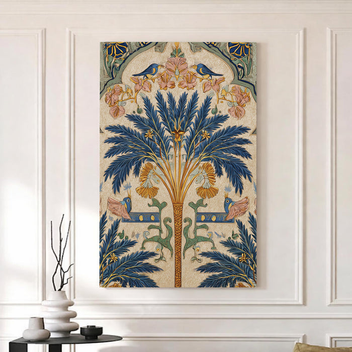 Mughal Botanical Stretched Canvas Painting For Living Room | Royal Palm Garden Stretched Canvas Wall Art For Livingroom Home Decor, Bedroom, Hallway's, Office, Hotel - 56x86 cm