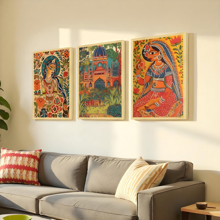 Madhubani Art Print Set of 3 Indian Folk Painting for Home Décor with Vibrant Indian Artwork, Traditional Mithila Wall Art, Ethnic Decor, Wall Prints for Living Room 30x42 cm