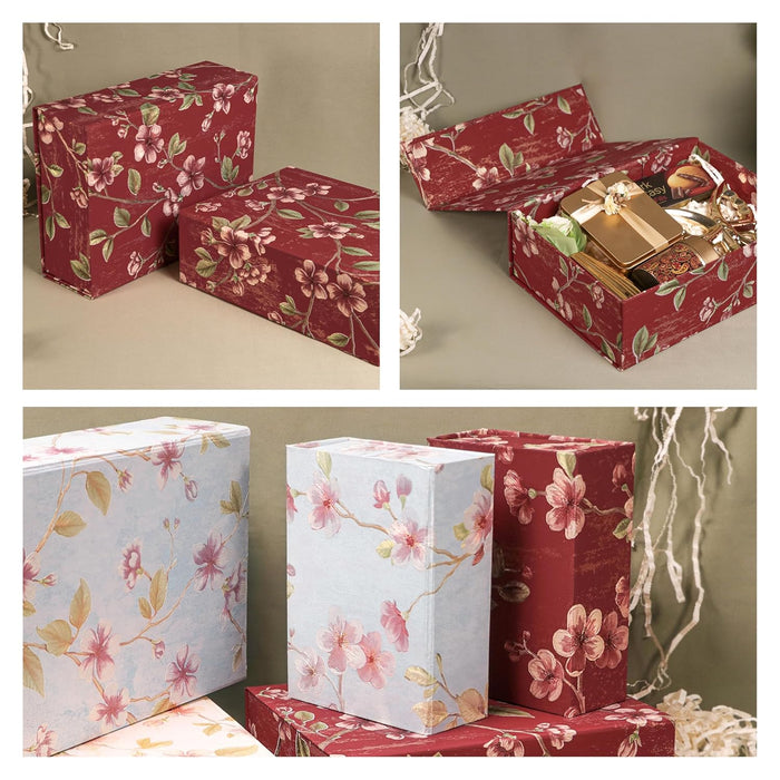Foldable Cardboard Flowers Printed Hamper Gift Box Set of 2, Multipurpose Gift Hamper Box For Special Occasions, Wedding Gift Packaging (Red, 9x12 inch)