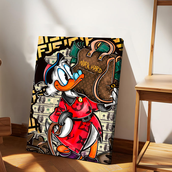 Luxury Cartoon Duck Money Pop Art Stretched Canvas Painting Print | Work Hard Success Theme Graffiti Wall Art | Modern Street Style Artwork for Home & Office, 41x56 cm