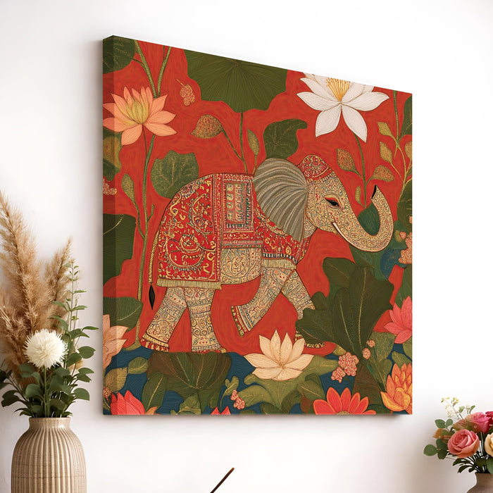 Elephant Vastu Art Stretched Canvas Painting For Living Room | Floral Madhubani Wall Art Large Canvas Painting For Livingroom Home Decor, Bedroom, Hallway's, Office, Hotel - 86x86 cm