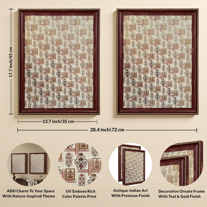 Pack of 2 Indian Pichwai Madhubani Maroon Framed Art-Print Wall Art Set Antique Nature Traditional Wall Décor Glitter Gold Foil Art Prints For Living Room, Bedroom, Office 35x45 cm