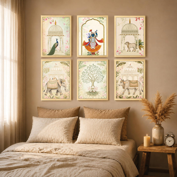 Traditional Shrinathji Pichwai Wall Art Painting, Holy Cow, Elephant & Tree of Life Theme Wooden Framed Wall Art Print for Living Room, Bedroom & Home Decor (Set of 6, 13x9 inch)
