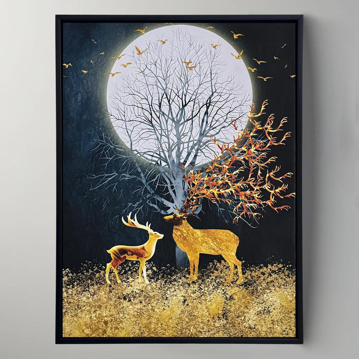 Framed Canvas Art Print with LED Light Decorative Canvas Wall Art, Deers in Front of the Moon Painting with LED Wall Decor 43x58 cm