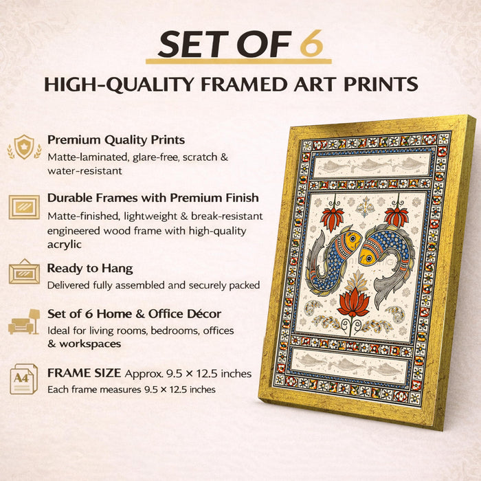 Madhubani Painting With Frame for living room, Traditional Rajasthani Style Framed Wall Art Painting for Home Decor Set of 6, Size 9.5 by 12.5 Inch