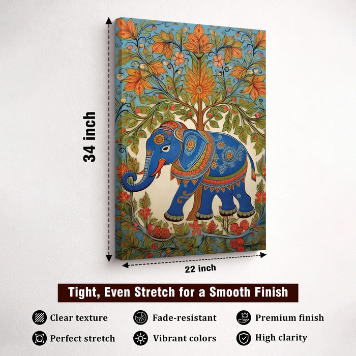 Madhubani Elephant Stretched Canvas Painting For Living Room | Indian Folk Animal Stretched Canvas Wall Art For Livingroom Home Decor, Bedroom, Hallway's, Office, Hotel - 56x86 cm