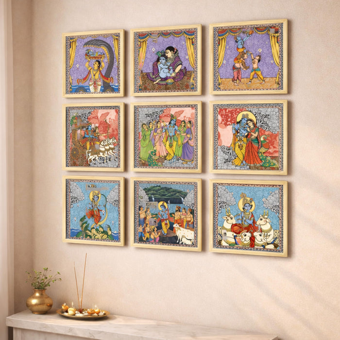 Krishna Wall Sculpture Paintings for Home decoration | Pichwai Madhubani Wall painting for living room | Krishna Leela Wall Décor | Wall art | Home Décor Gift Items | Set of 9, (9x9 Inch)