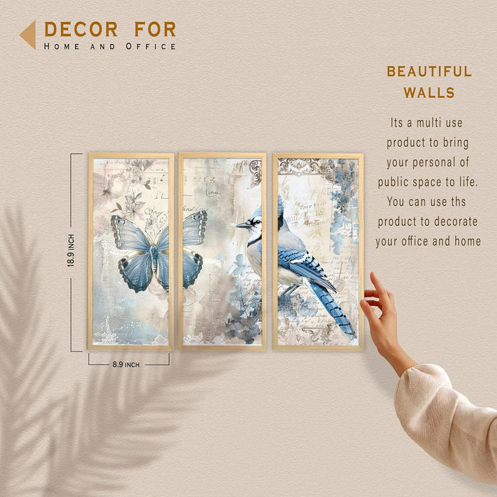 Butterfly and Hummingbird Floral Dictionary Wall Painting for Home, Engineered Wood Frame Large Wall Art (Set of 3, 8x18 Inch)