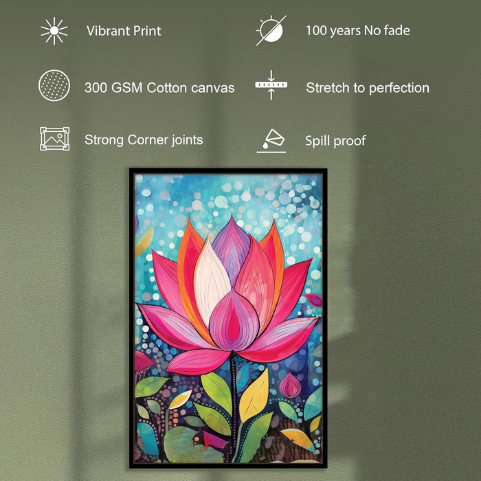 Abstract Multicolor Folk Art of Lotus Floral Stretched Canvas Painting with Frame – Wall Art – Framed Canvas Wall Décor (23x35 Inch)