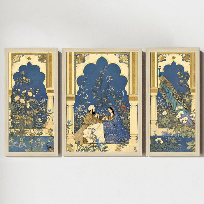 Botanicals Pichwai Framed Wall Art Painting Home Décor Pack Of 3 | Digital Scenery Painting with Frame, Set Of 3 22x46 cm, 33x44 cm