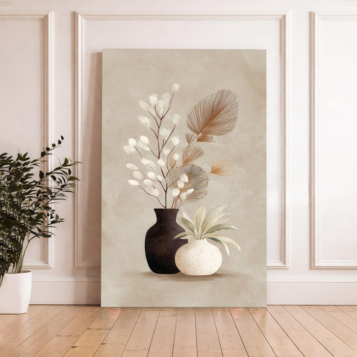 Boho Vase Pampas Stretched Canvas Painting For Living Room | Neutral Decor Stretched Canvas Wall Art For Livingroom Home Decor, Bedroom, Hallway's, Office, Hotel - 56x86 cm