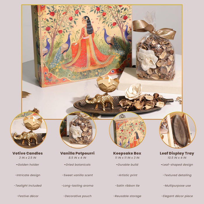 Diwali Gift Hamper Box with Mogra Scent Potpourri, Elephant Shape Candle and Tray, Friends and Relatives (Pack of 4)