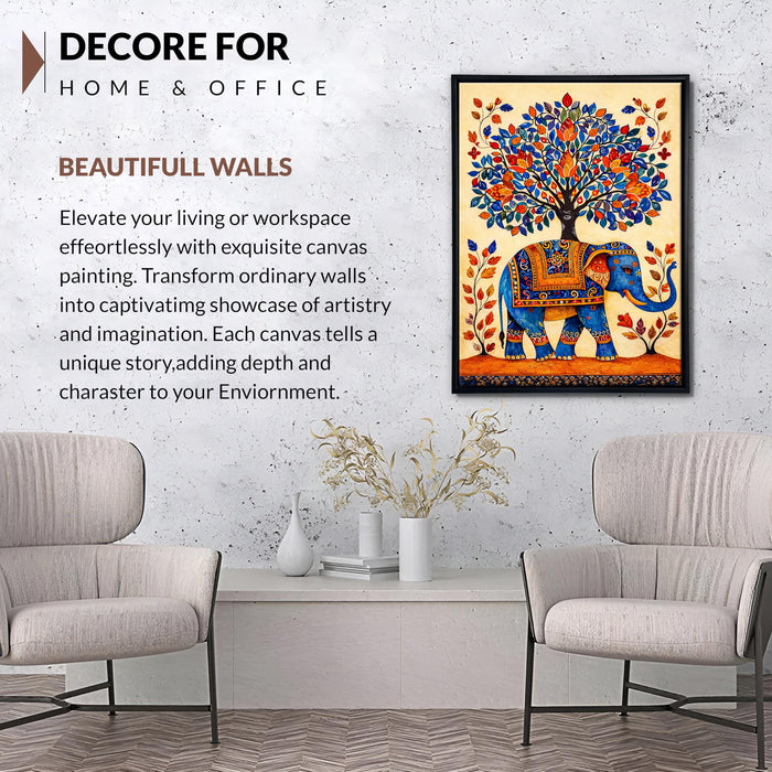 Madhubani Elephant Framed Canvas Painting for Living Room Wall Decor, Tree of Life Indian Traditional Vastu Framed Canvas Wall Art for Vastu Place Bedroom Home Hallways Office Hotel, Size 43x58 cm