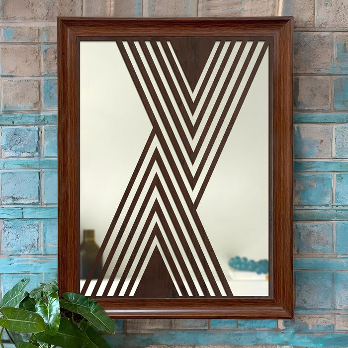 Decorative Acrylic Mirrors with Geometric Abstract Design MDF Jali Set of 2 | Two Brown Jharokha Wooden Wall Mirror Panel (18 x14 Inch)