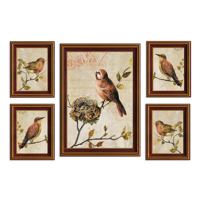 Art Street Jarden Bird On Tree Branch With Nest Framed Art Print For Living Room, Decorative Home & Wall Decor - Set Of 5 (Brown, 4 Pcs-5x7 Inch, & 12x16 Inch)