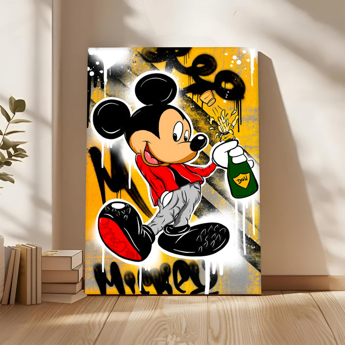 Cartoon Mouse Champagne Stretched Canvas Painting Print| Graffiti Style Pop Art Wall Décor | Modern Street Art Canvas for Home & Office, 56x86 cm