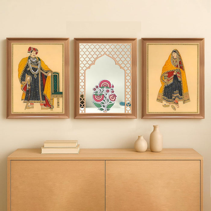Framed Indian Paintings Wall Decor with Mirror | A3 Madhubani Pichwai Style King and Queen Miniature Art Prints | Decor Quatrefoil Jali Jharoka Mirror 35x45 cm