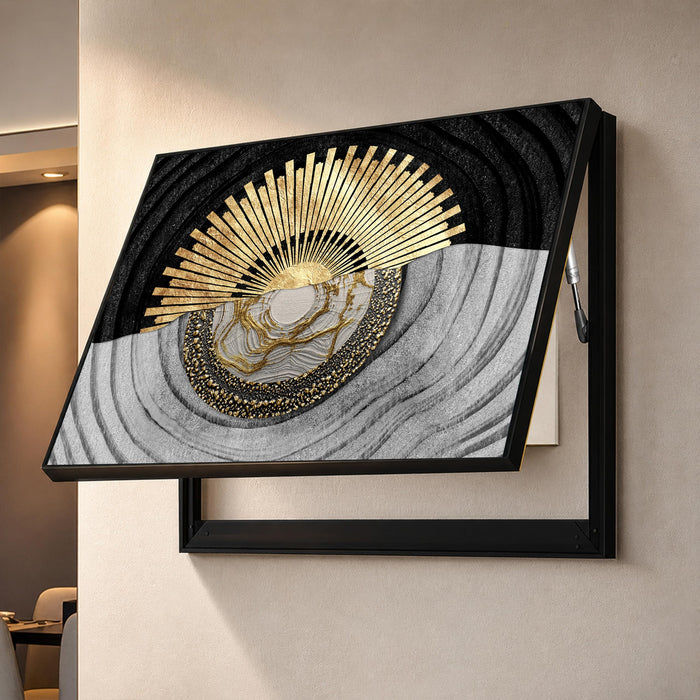 Electric MCB Box Cover Frame With Hydraulic Decorative Painting Gold Textured Sun Painting Electrical Panel box Cover, Switch Box Frame Will Fit Max 10x14 inch Switch Board, Outer Size 13X17 Inch